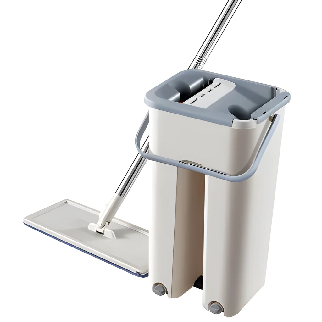 Home kitchen wooden floor lazy mop with microfiber flat head and blue bucket on a tile floor