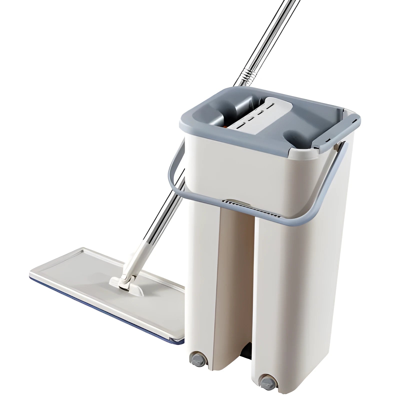 Home kitchen wooden floor lazy mop with microfiber flat head and blue bucket on a tile floor