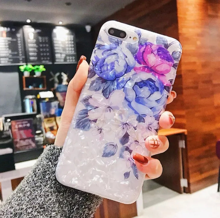 Dream Shell soft TPU iPhone case with rose flower pattern in brown, purple, or white.