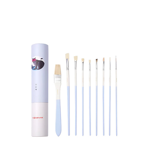 Acrylic gouache painting brush set with fan brushes, liner, and corner tools in animal designs on a table