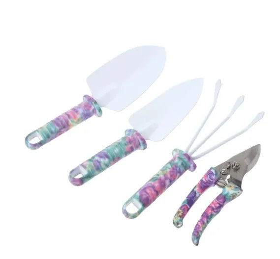 Green camouflage garden tool set in plastic case with stainless steel shovel, rake, scissors, and kettle