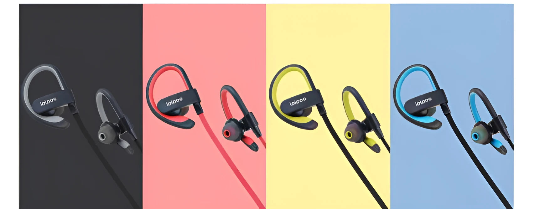 Wireless sports headphones in blue, grey, red and yellow colours showing earplug design