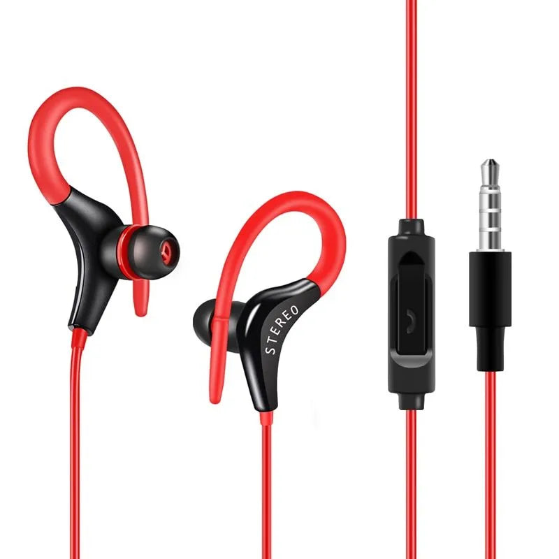 Black wired earhook sport headphones with over-ear hooks and a 3.5mm plug.