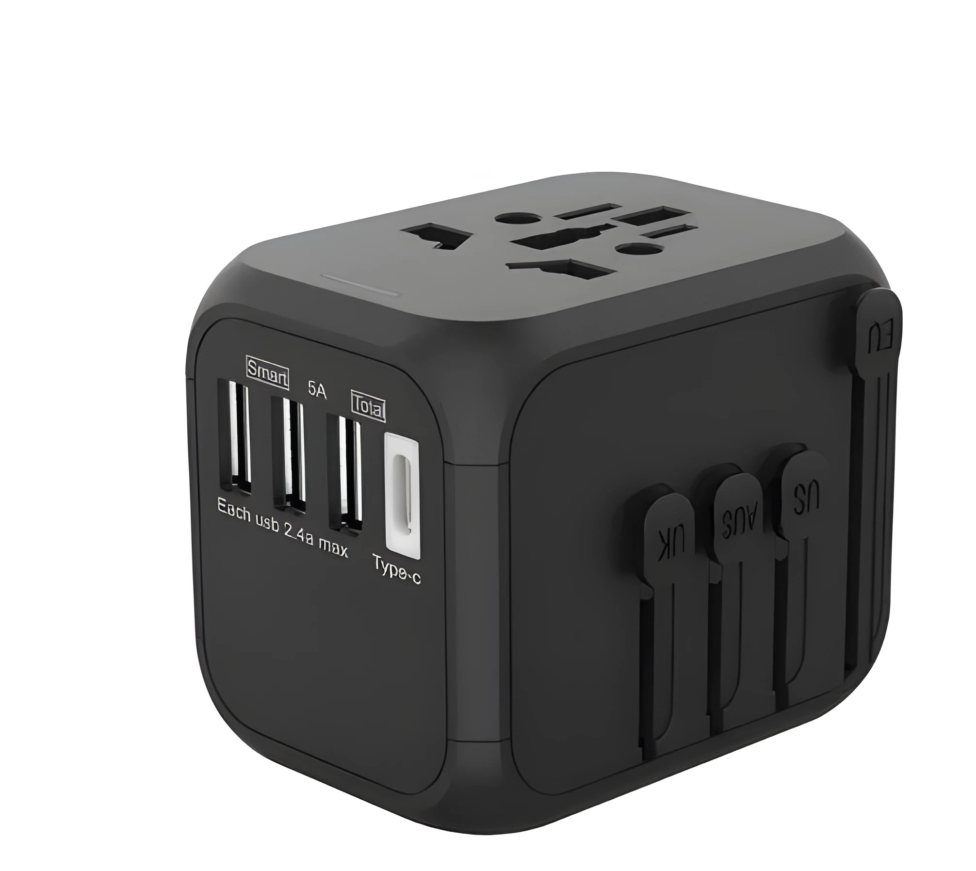 Black international conversion plug adaptor with six connection holes, 56.5x67x52mm dimensions