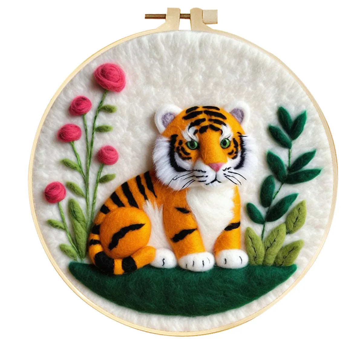 Round linen embroidery frame with wool felt floral decoration kit for three-dimensional wall art