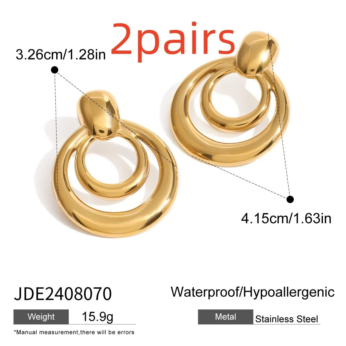 Round golden double layer hollow stud earrings with a geometric design on a white background.