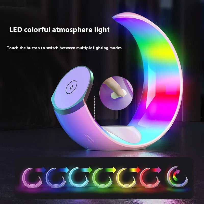 White wireless ambience light charger with Type-C connection showing bedside placement