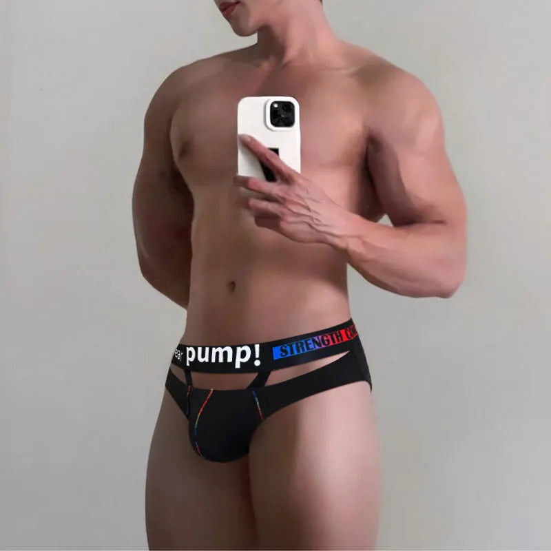 Men's black modal fabric briefs with low waist design on mannequin