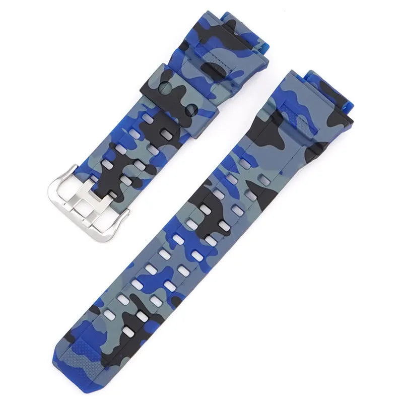 Camouflage pattern TPU watch strap with silver buckle on a watch case.