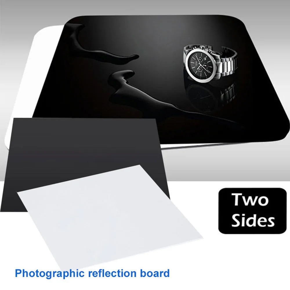 Square black and white acrylic reflection boards for photography in three different sizes.