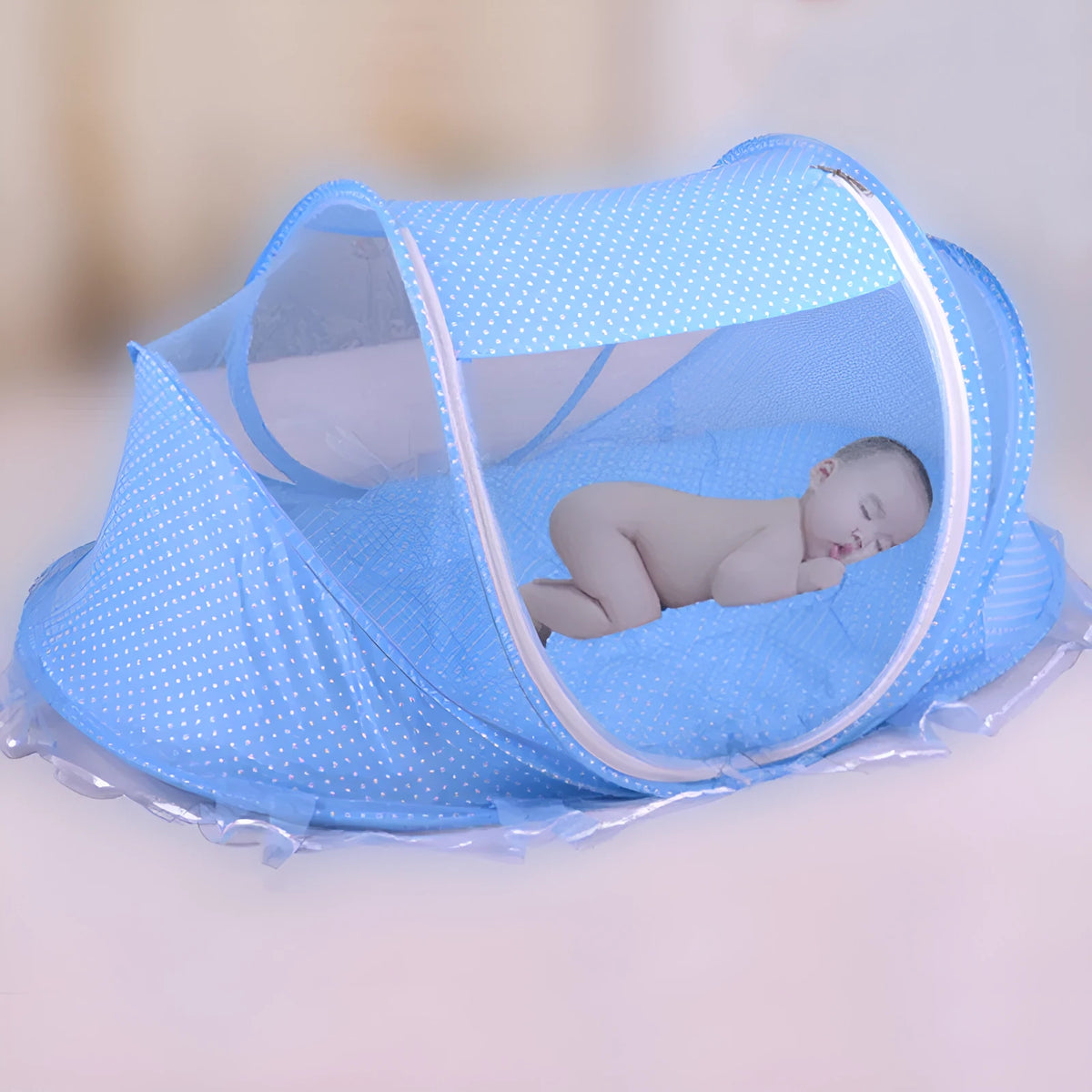 Foldable baby bed net 110x65x60cm with mattress and pillow, mesh cloth and steel wire frame, blue or pink