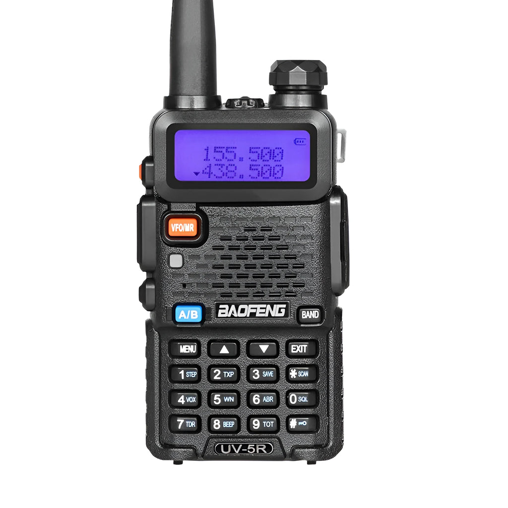 Black handheld walkie talkie with antenna, LCD display, and side buttons.
