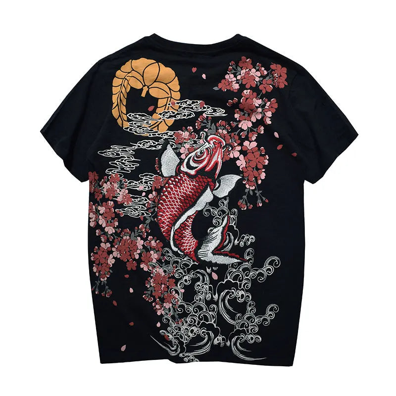 Embroidered men's cotton T-shirt in black, front view, available in sizes M to 3XL