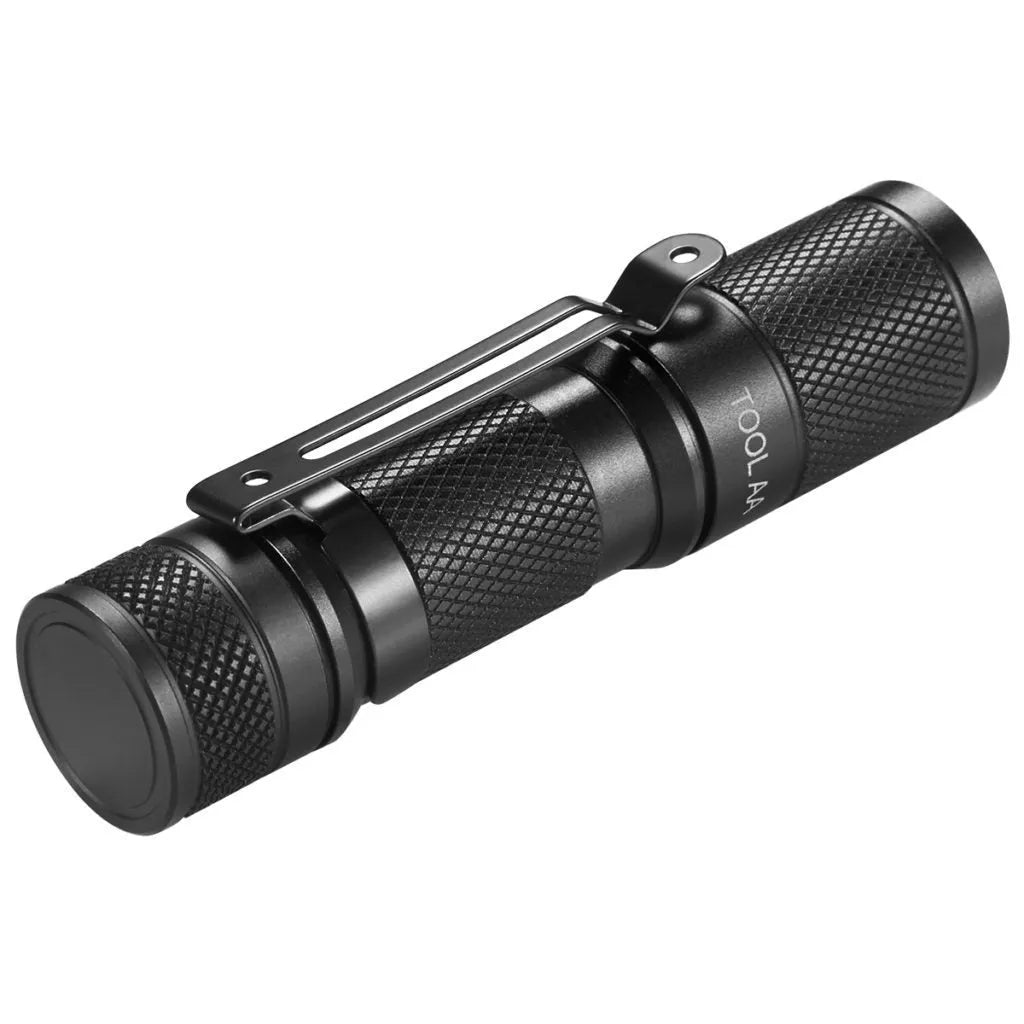 Black Lumintop Tool AA 2.0 aluminium keychain flashlight with magnetic tail cap on a keyring.