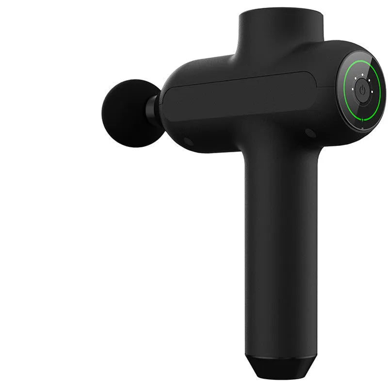 Black rechargeable muscle massager with 5 gear settings and 6 different massage head attachments.