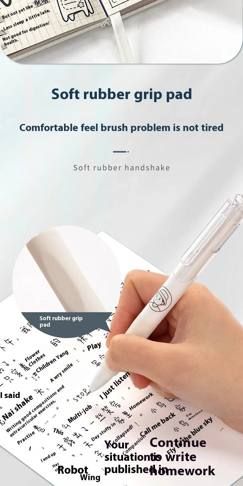 Five white ballpoint pens with 0.5mm tips and black quick-drying ink, laid side by side.