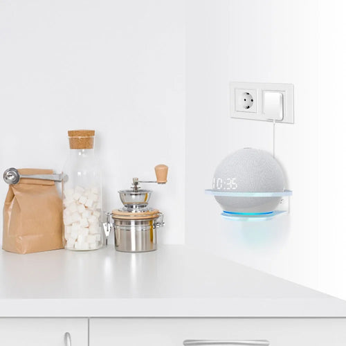 White plastic wall mounting bracket for an Amazon Echo Dot 4th Generation smart speaker.