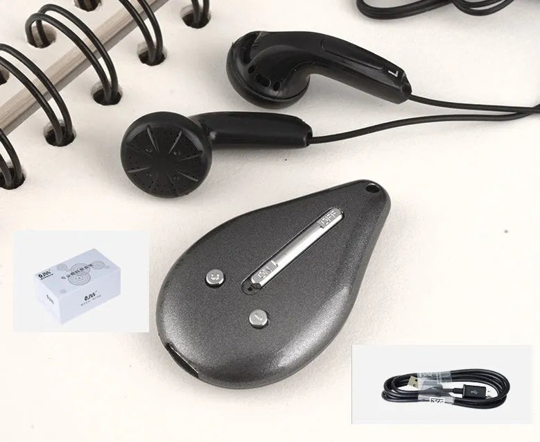 Grey mini hidden voice recorder with keychain design, 8GB memory, and USB cable