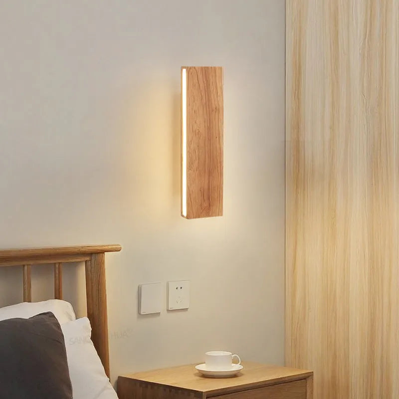 Solid wood bedroom bedside LED wall lamp with Nordic Japanese style in three size options