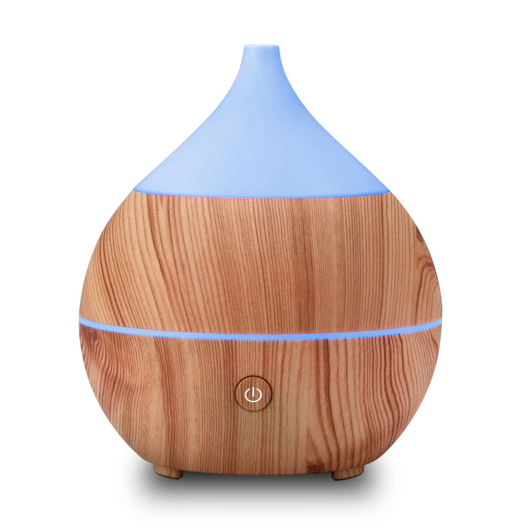 200ml PP ultrasonic aromatherapy humidifier with hollow seven colour lamp, 12.9cm diameter, 15cm height, wood grain finish