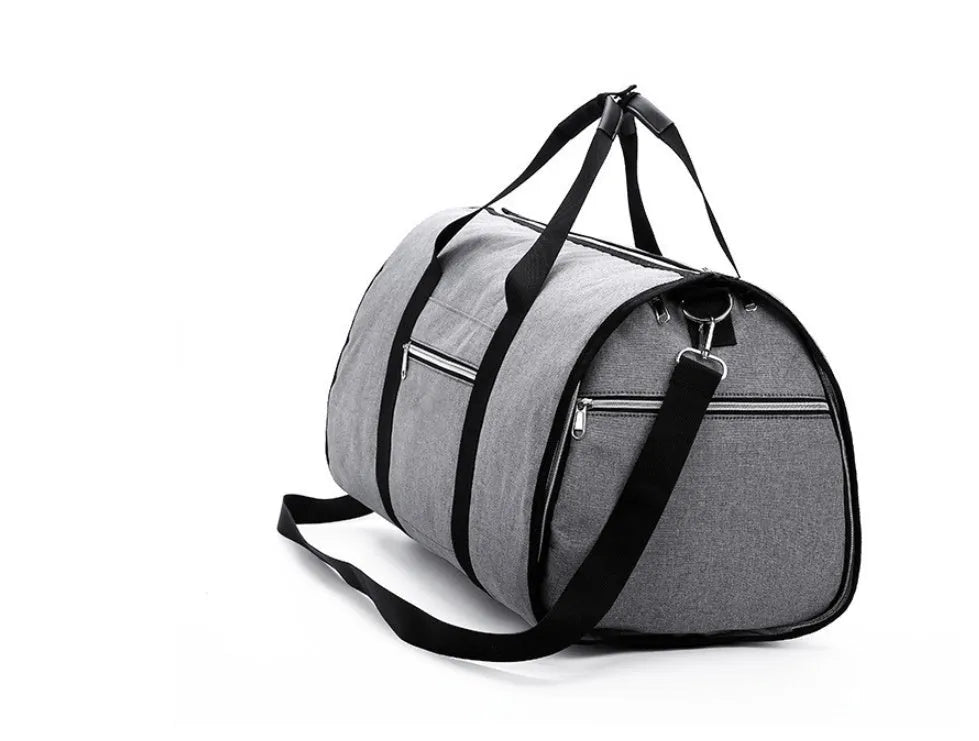 Cylinder-shaped travel duffle bag in Oxford cloth, shown in a choice of colours including black, blue, red, and light grey.