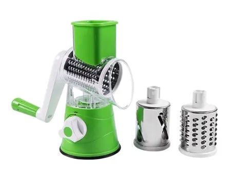 Rotary hand drum grater with stainless steel blades for julienning carrots and potatoes, available in blue, green, or red.