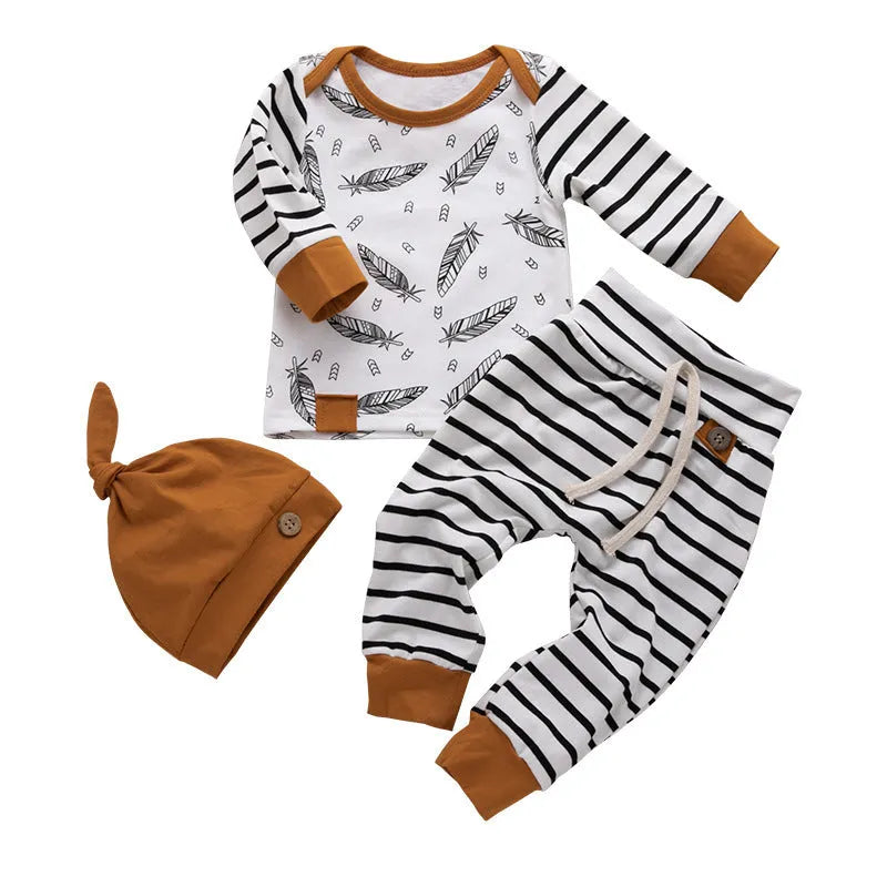 Children's striped cotton three-piece set with hat, top, and pants in Mibaise colour