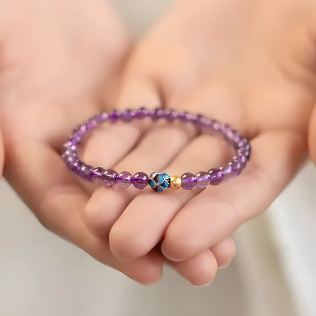 Purple lotus charm bracelet with retro Chinese student styling for women