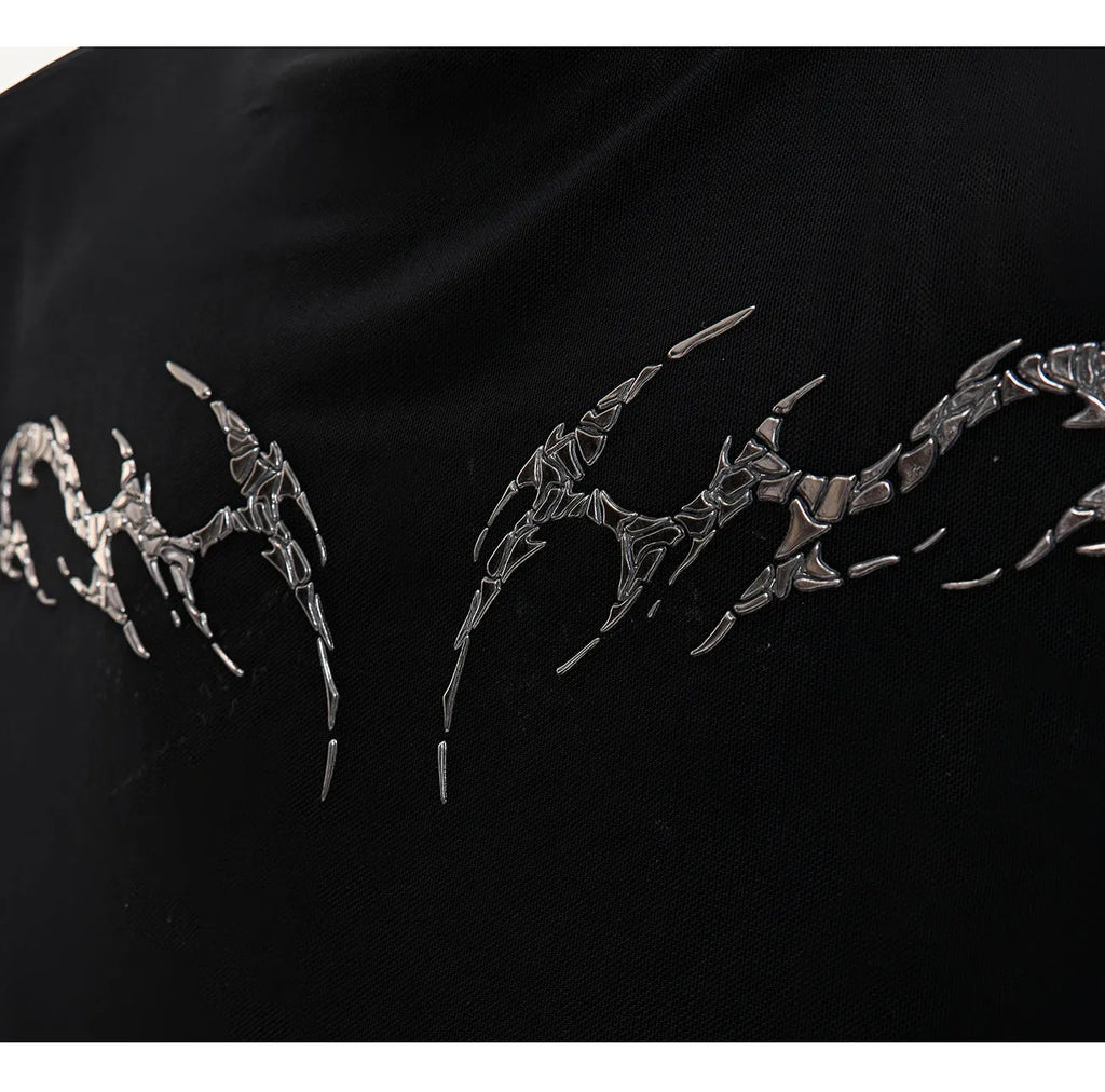 Black slim long sleeve mesh bottoming shirt on a hanger showing its fit and fabric texture.