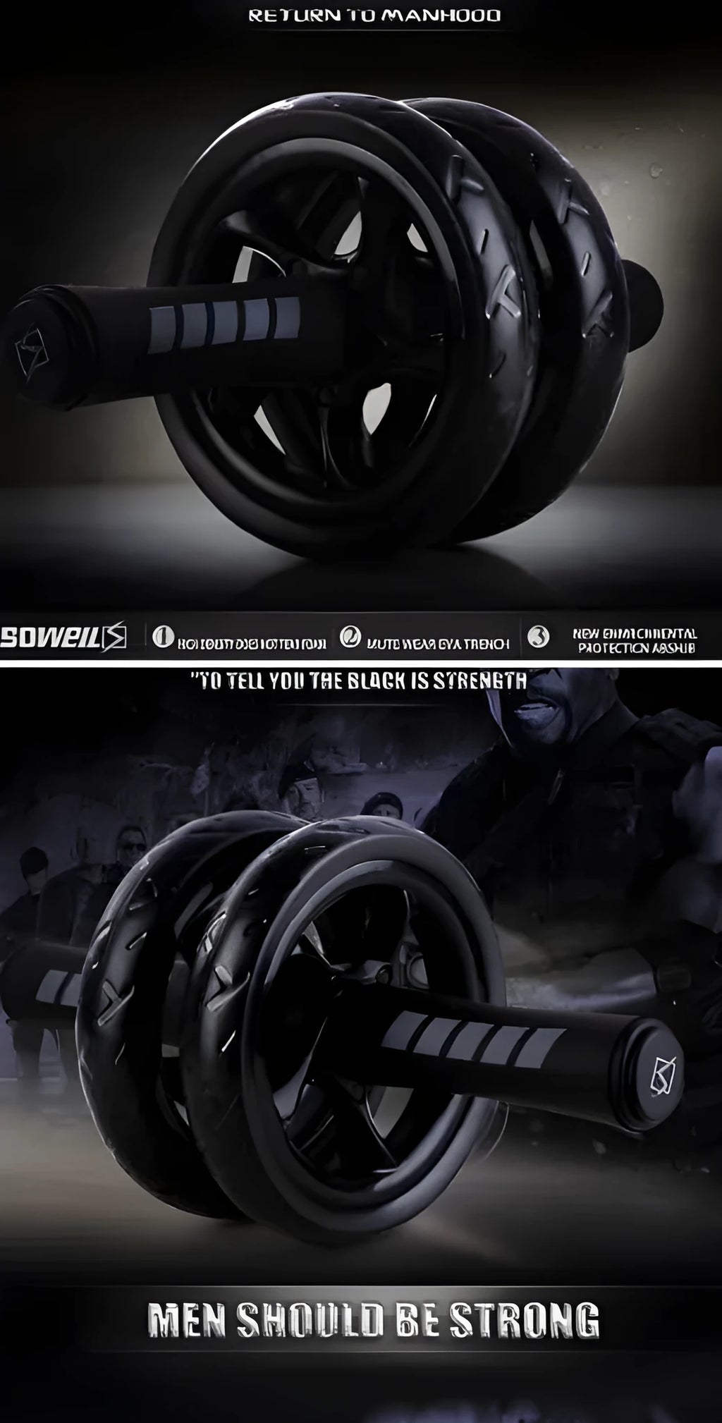 Healthy Helly black abdominal wheel roller with dual wheels and non-slip handles on a blue mat