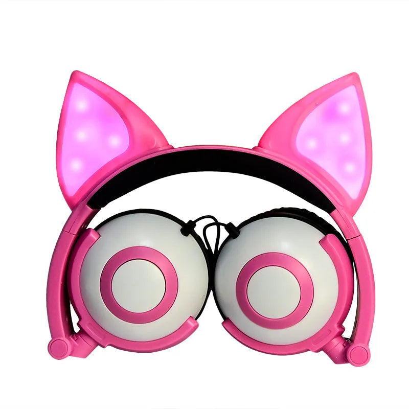 LED flashing cat ear headphones, wired 3.5mm over-ear headdress with 40mm speakers in peach pink or purple