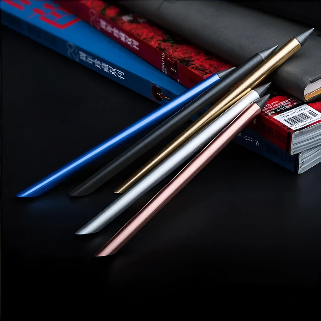 Inkless Metal Pen in silver, gold, rose gold, black, or blue with 0.5mm alloy tip, spare nib, and pen bag.