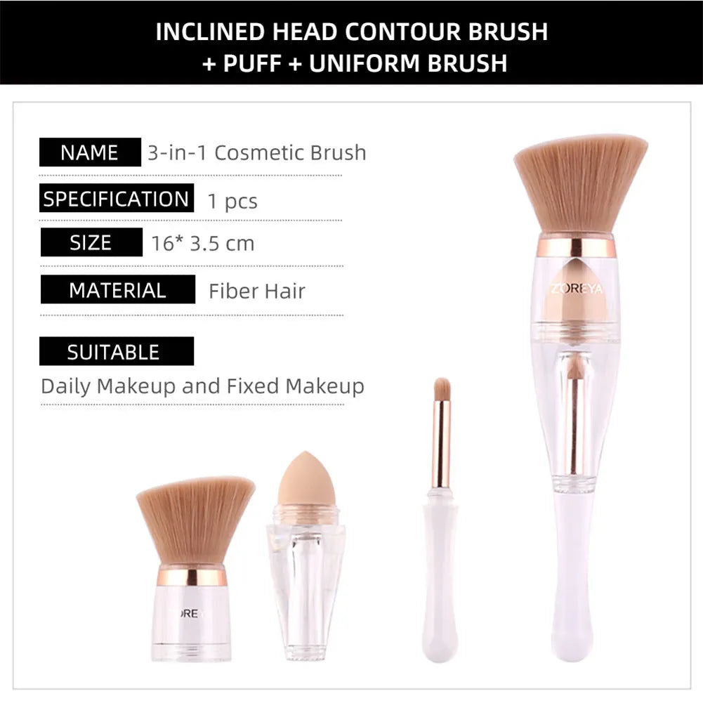 3 in 1 makeup brush with artificial fibre bristles and acrylic handle, 16cm length, pink colour option