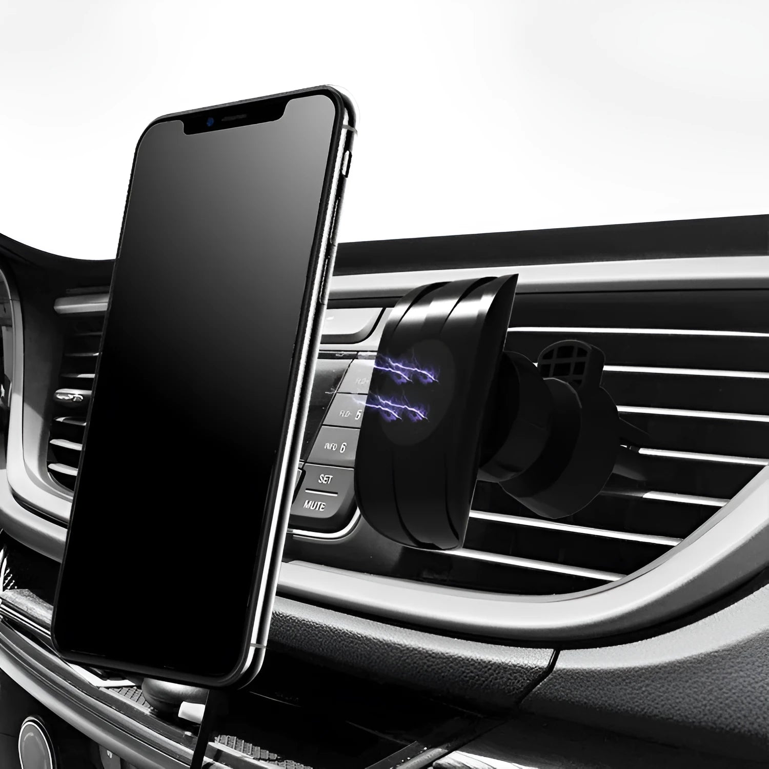 Glossy black car air vent phone holder with adjustable clamping mechanism
