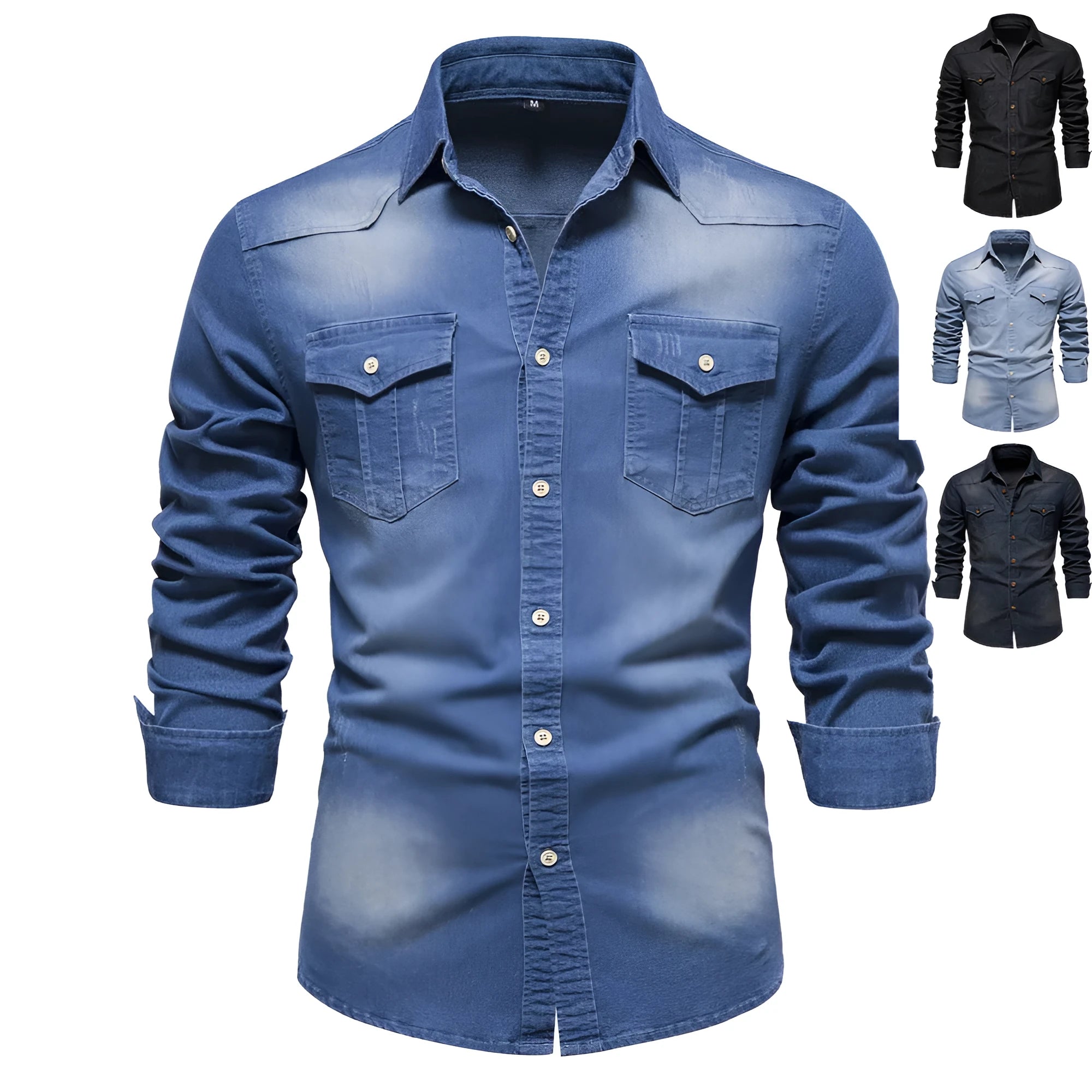 Men's slim fit long-sleeved denim shirt in cotton, shown in a solid colour.