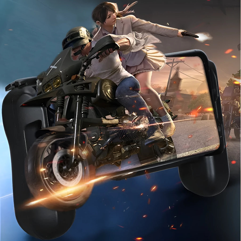 Black Cooling Bluetooth P2 mobile game controller for iPhone on a dark background.