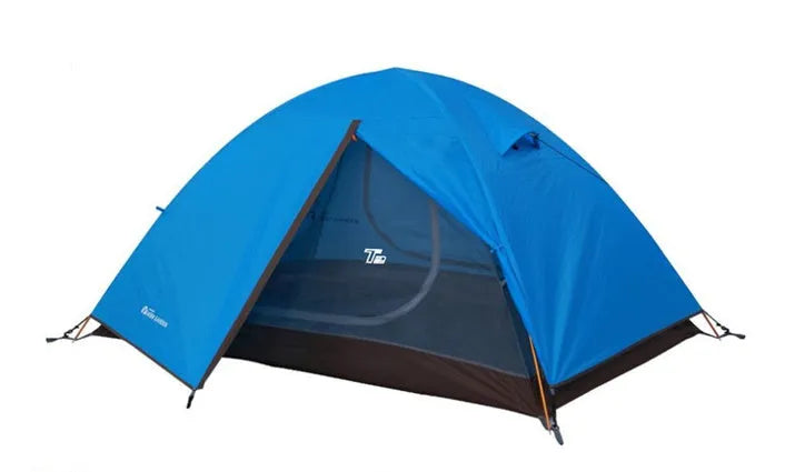 Double aluminum pole rainproof camping tent in green, set up in a field with quick-open design and 110cm height