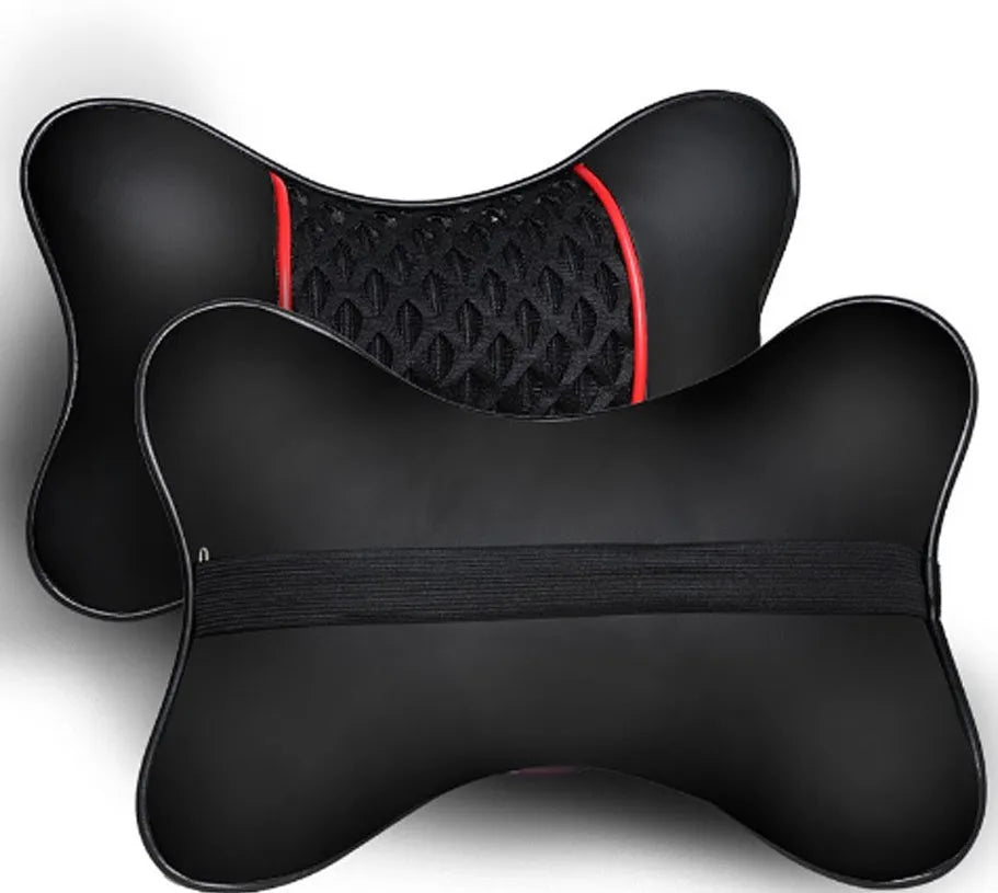 Car headrest neck pillow with green leather exterior available in black and red colour options