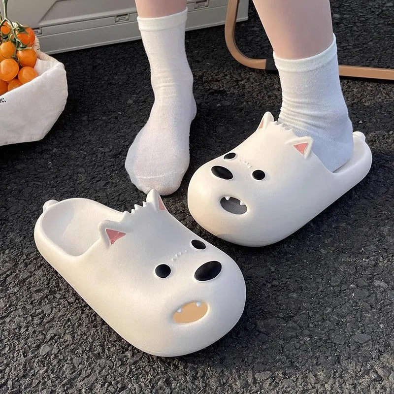 Women's white EVA foam sandal slippers with toe cap design on wooden floor