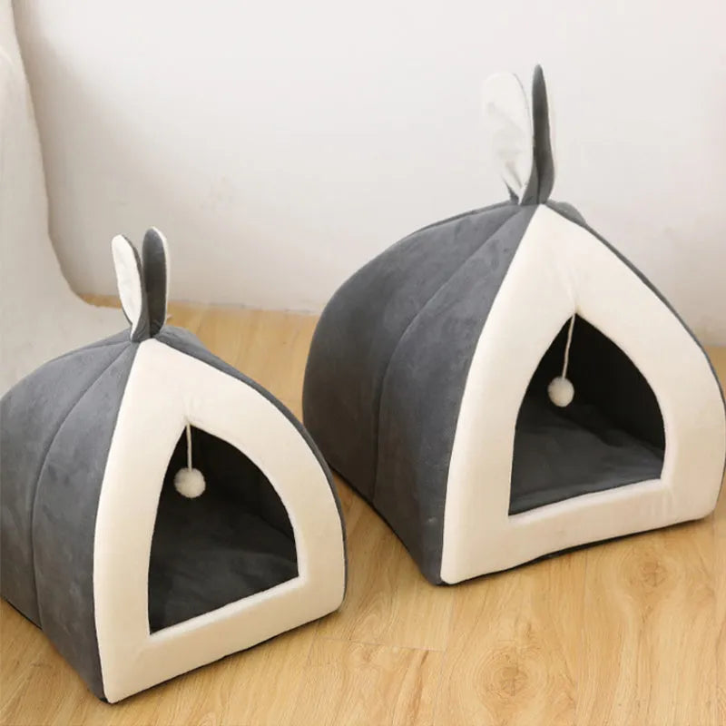 Rabbit ear Mongolian nest pet bed in arctic velvet and PP cotton, grey and pink, sizes S to XL
