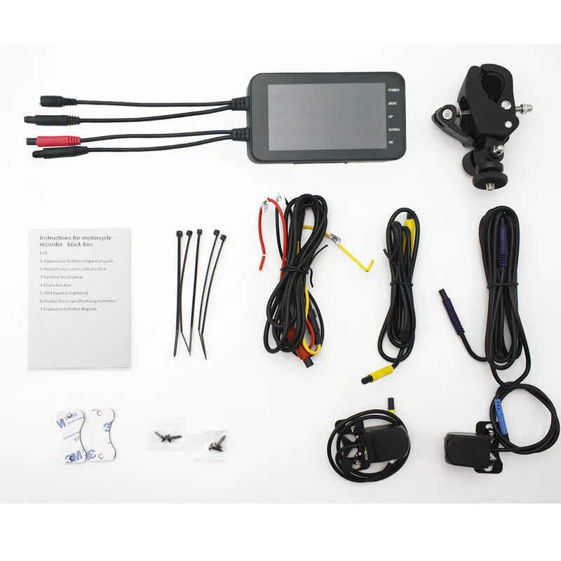 Waterproof motorcycle recorder with 140-degree wide angle lens and 4-inch LCD display mounted on handlebars