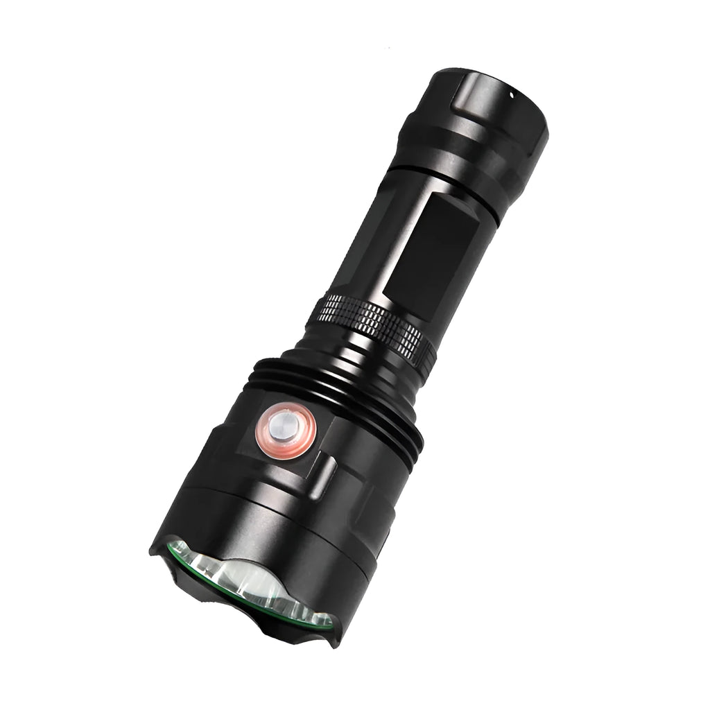 Black aluminium alloy tactical LED torch with 55mm head showing six dimming modes and USB charging port