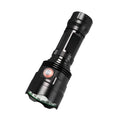 Black aluminium alloy tactical LED torch with 55mm head showing six dimming modes and USB charging port
