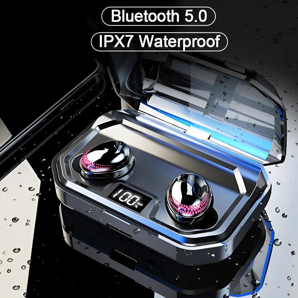 Black Bluetooth wireless earbuds with a matching charging case on a white background.