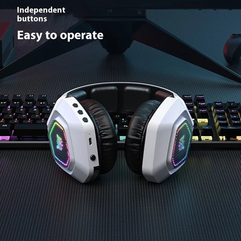 Black or white wireless gaming headset with RGB lights, showing its lightweight 24g design.