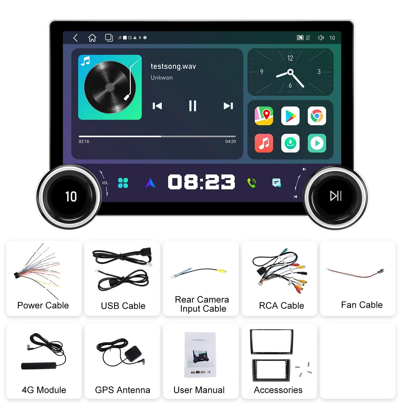 11.8-inch Android car multimedia player with double rotary knobs and wireless CarPlay connectivity