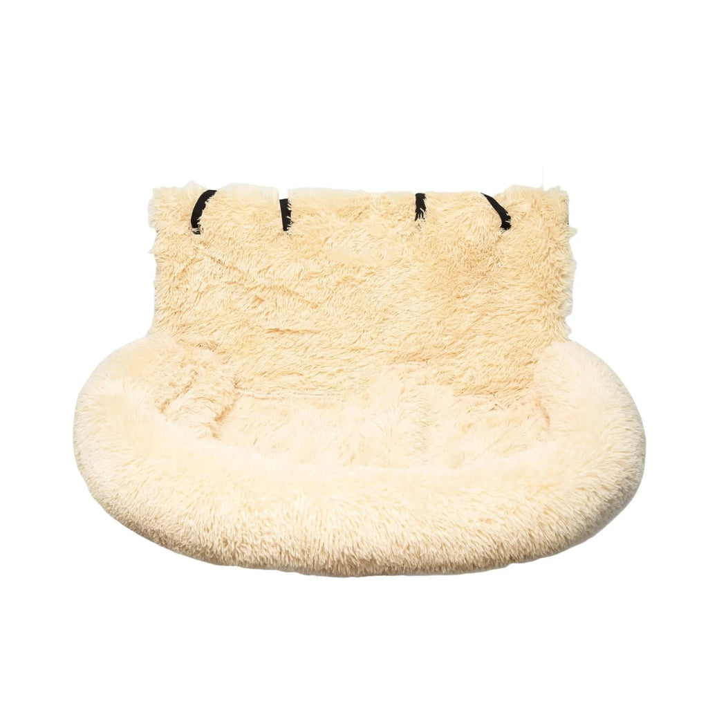 Beige fleece-lined pet mat with high sides placed on a grey car seat, showing its 50cm height and contained design.