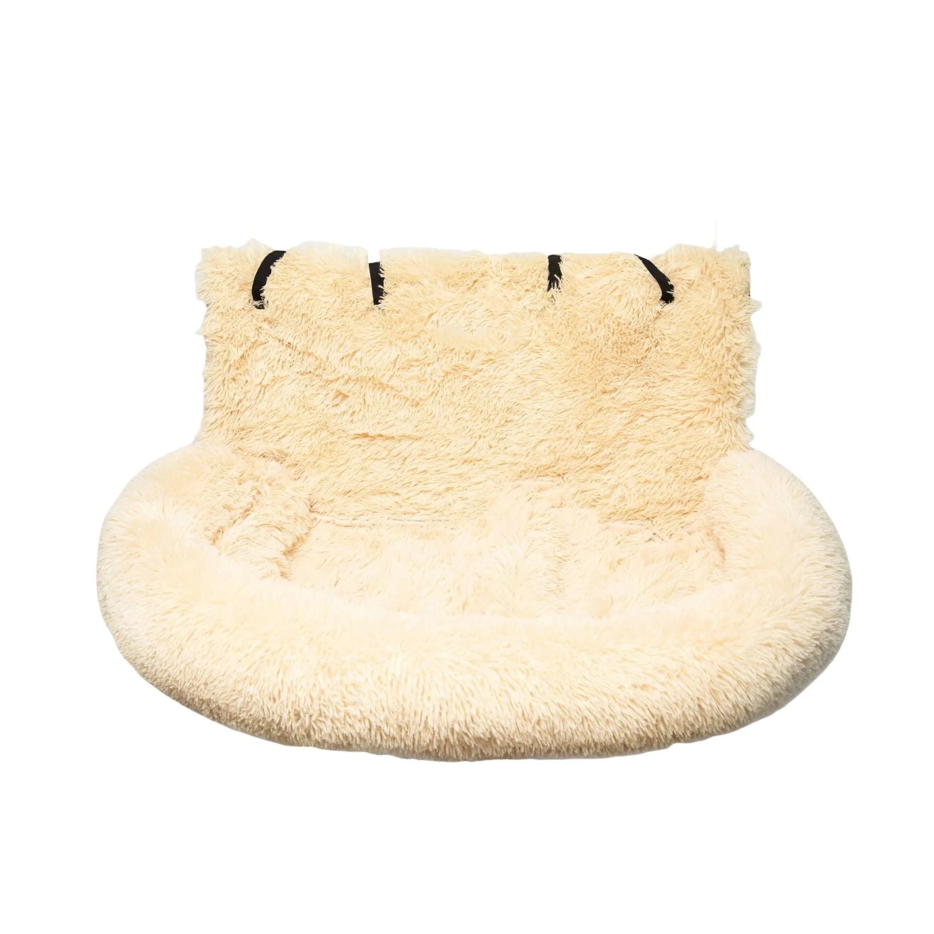 Beige fleece-lined pet mat with high sides placed on a grey car seat, showing its 50cm height and contained design.