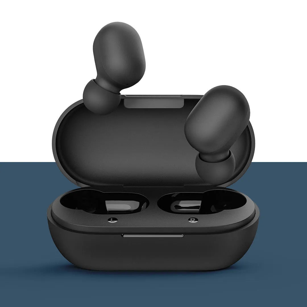 Black true wireless Bluetooth earbuds showing separate left and right units without connecting cables