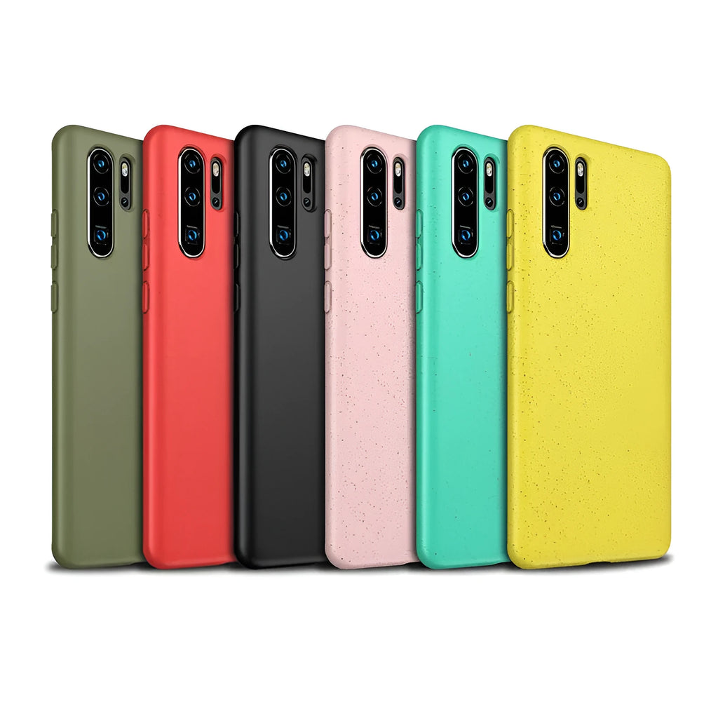 Huawei P30 TPU back cover case in Army Green colour next to a smartphone.